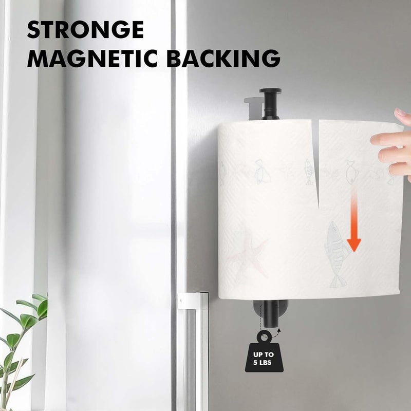 KIHOGEM Magnetic Paper Towel Holder, One Hand Operable Paper Towel Holder Wall Mount Self Adhesive and Strong Magnetic Backing for Kitchen Refrigerator Grill RV(Black) - Image 2